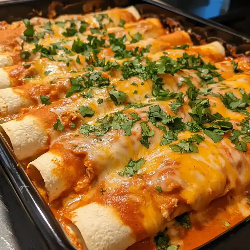 Delicious baked chicken enchiladas topped with melted cheese and fresh cilantro, perfect for family dinner or parties. Easy step-by-step recipe on Station Recipes.