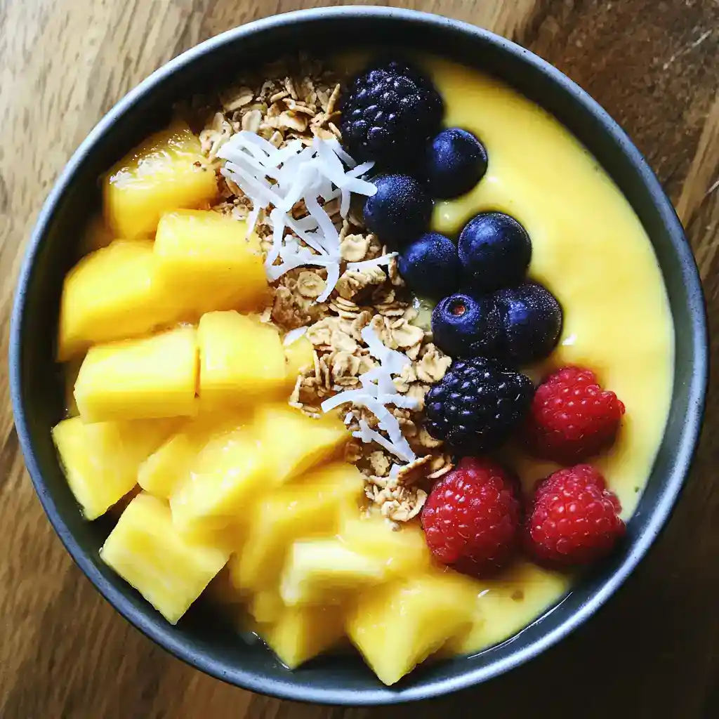 Vibrant smoothie bowl with pineapple, blueberries, raspberries, granola, and coconut shavings, perfect for healthy breakfast or snack. Delicious, nutritious, and visually appealing with fresh fruit toppings.