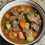 Hearty beef stew with carrots, peas, and celery in a savory broth, served in a white bowl on a granite countertop.