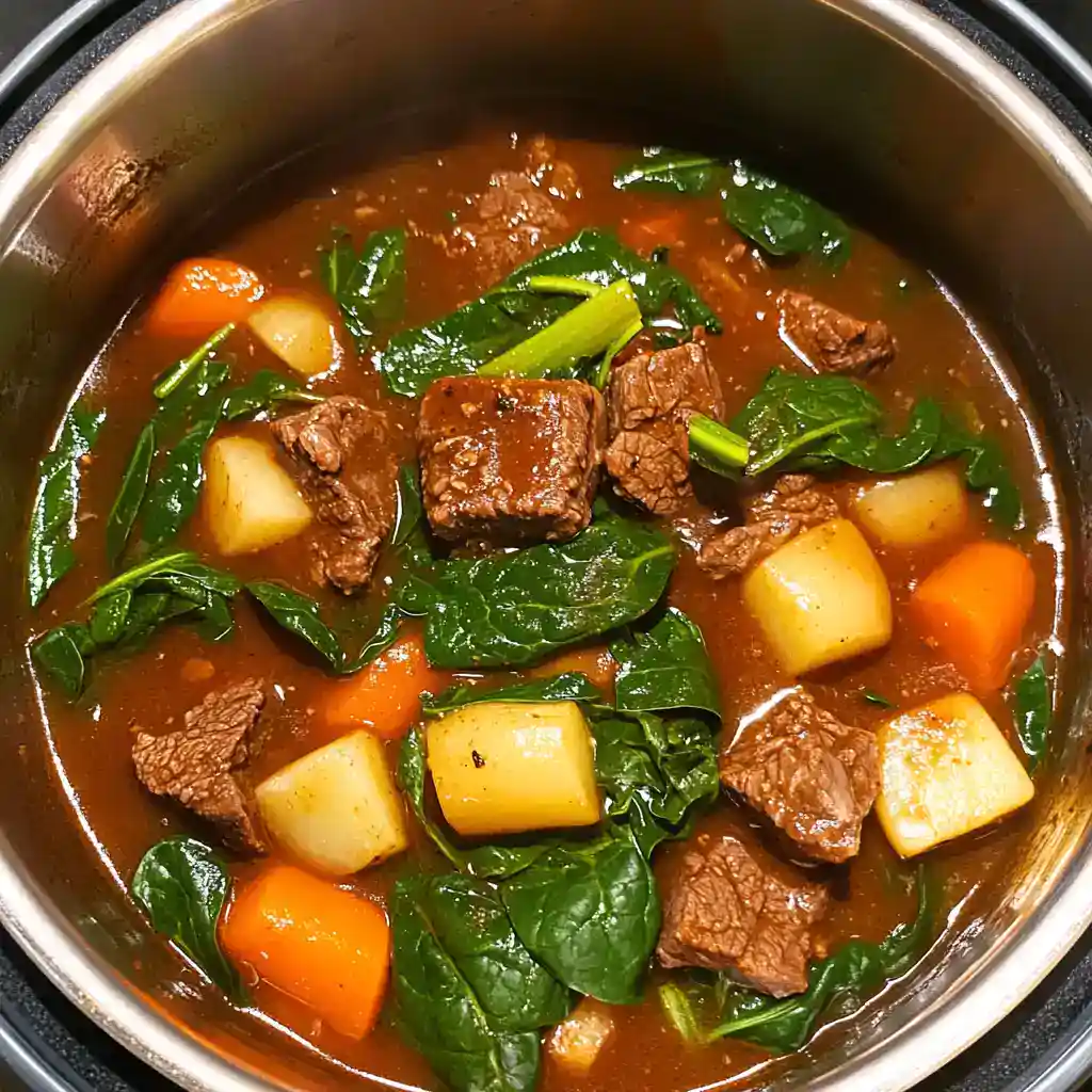 Delicious beef stew with tender beef chunks, carrots, potatoes, and spinach in a savory broth. Perfect comfort food for cold days.