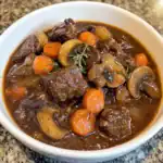 Hearty beef stew with carrots, mushrooms, and herbs in a rich gravy served in a white bowl.