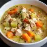Hearty chicken and vegetable soup with carrots, celery, and herbs in a white bowl.